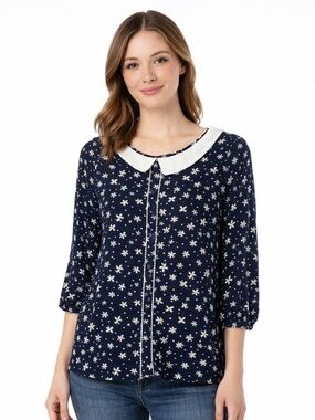 Disney by Lauren Conrad Navy Floral Peter Pan Collar Blouse Size Large